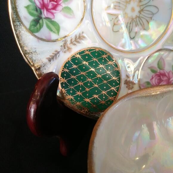 Vintage Japan Lustre Ware Pedestal Cup n Saucer Pink Rose Green Panels Gold Trim - Picture 8 of 16